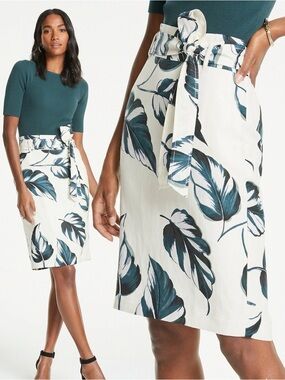 Ann Taylor Ivory Teal Leaves Linen Blend Tie Waist Pencil Skirt Size 8 Petite